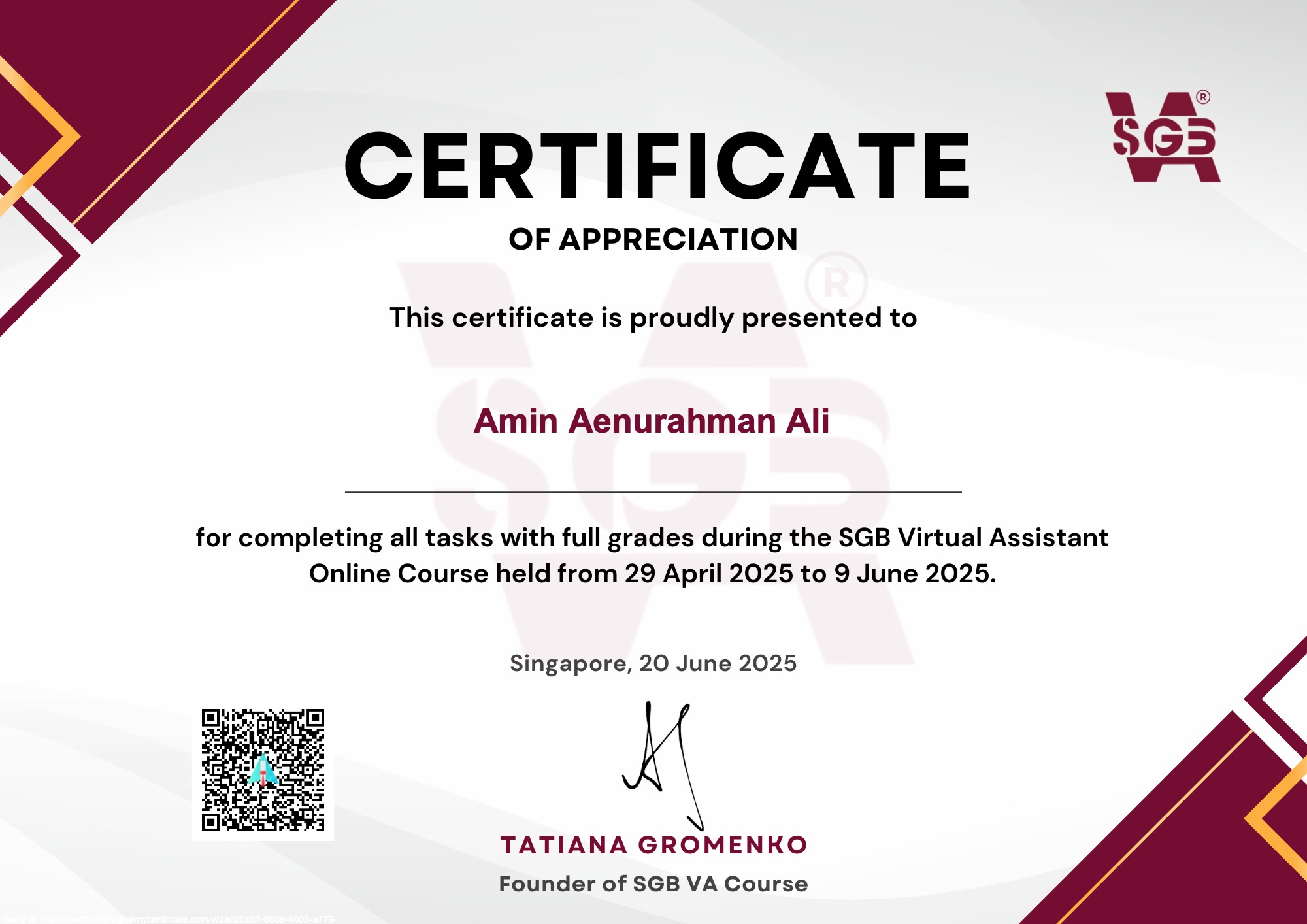 SGB Virtual Assistant Course Batch 25 Certificate of Appreciation